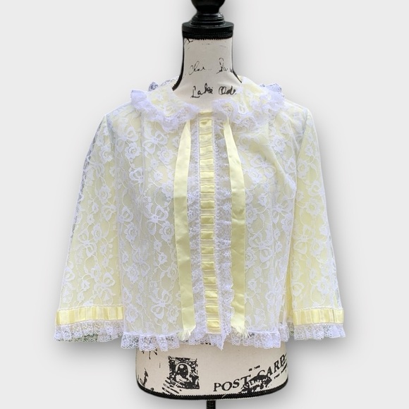 Vintage Odette Barsa Bed Jacket Yellow and White Lace - Picture 9 of 11